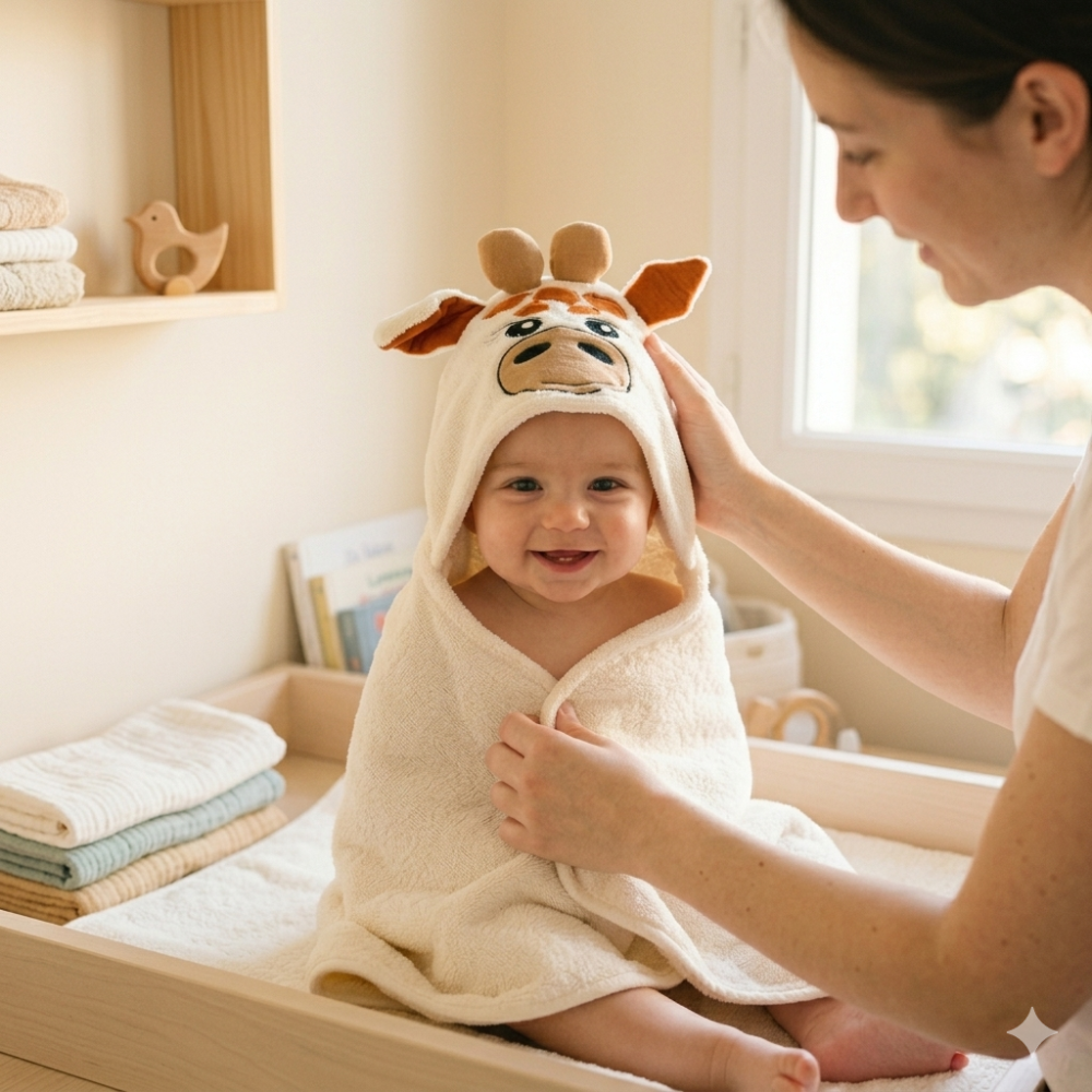 Cape de bain pour bébé en linge de Bambou, création originale d'Orythia. le modèle concerné est une girafe. la cape est toute blanche. Elle a une forme rectangulaire avec une capuche 