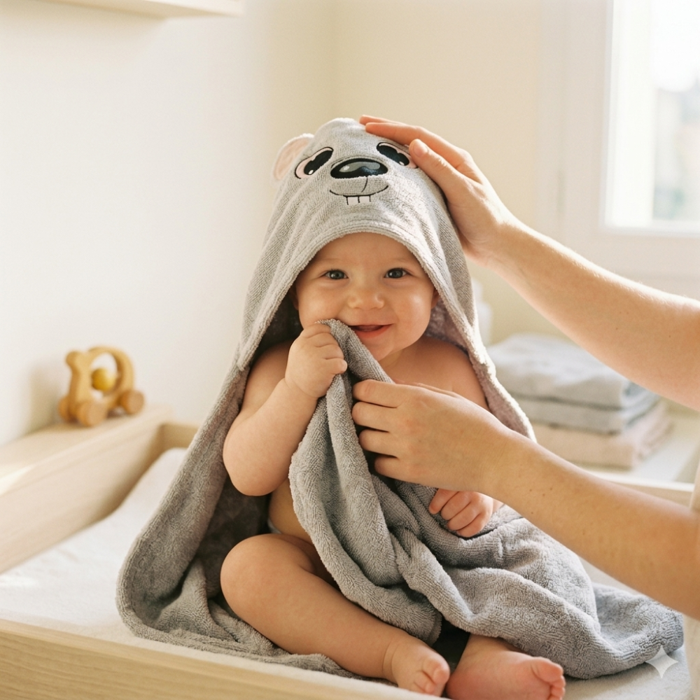 Cape de bain pour bébé en linge de Bambou, création originale d'Orythia. le modèle concerné est une souris. la cape est toute grise. Elle a une forme rectangulaire avec une capuche 