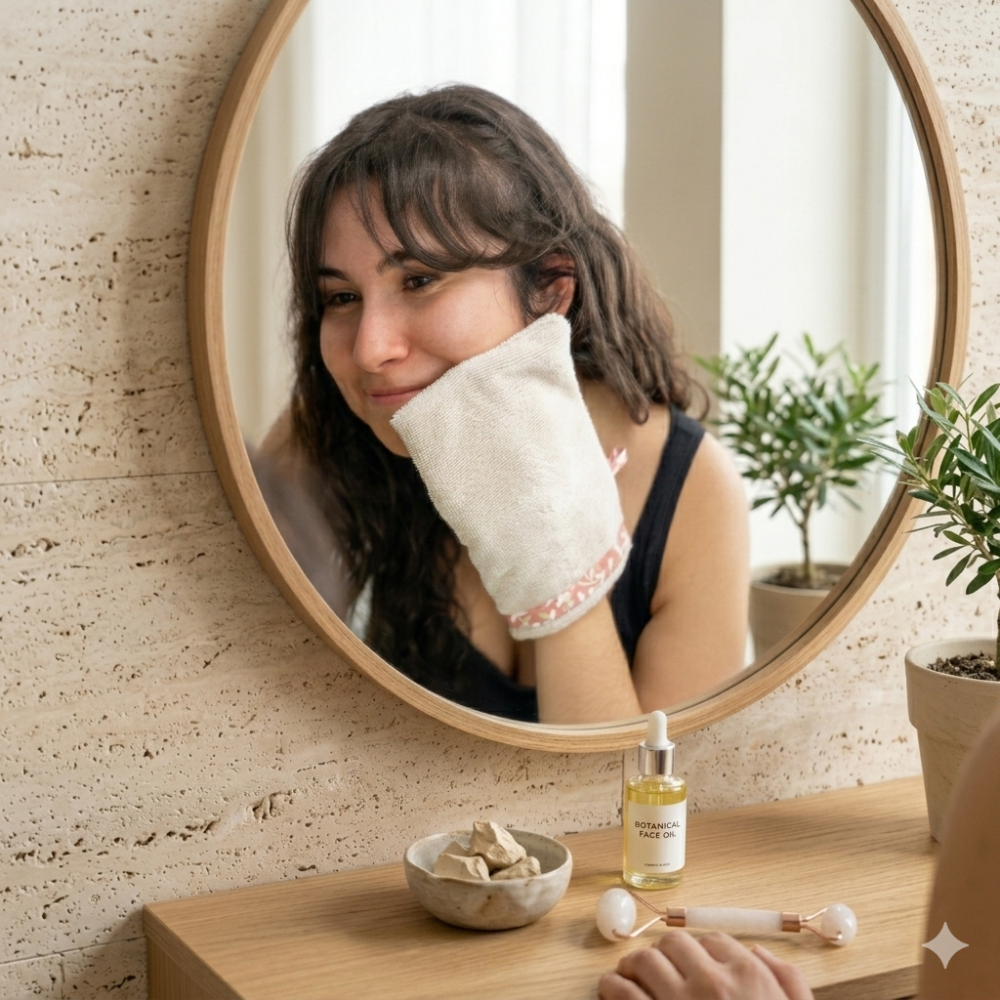  Gant de toilette adulte en éponge de bambou, présenté en mise en scène dans une salle de bain naturelle, idéal pour une routine bien‑être douce et écologique. 
