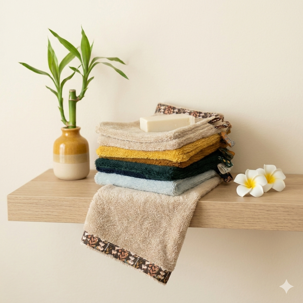 Gants de toilette adultes en éponge de bambou, présentés en mise en scène dans une salle de bain naturelle pour mettre en valeur leur texture douce et écologique. 